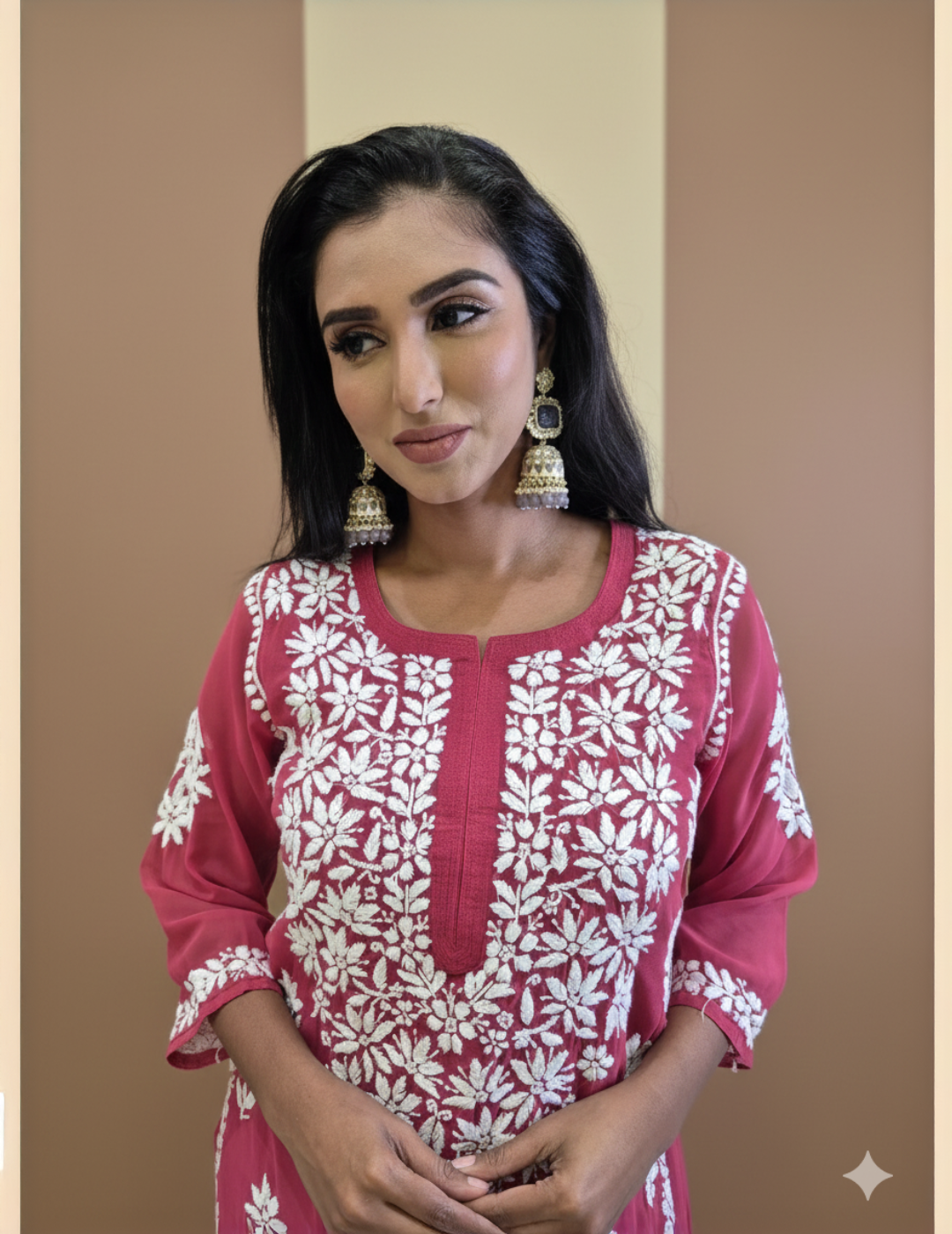 粉色 Chikankari 直筒 Kurta