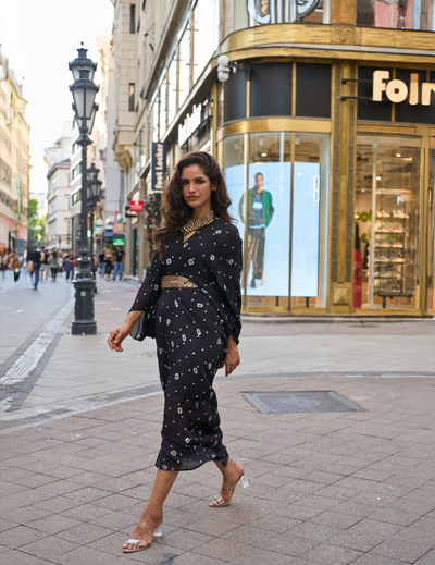 Black Chinon Embroidered Dress