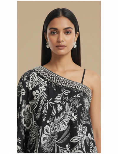 Black Crepe Embroidered Sharara Set