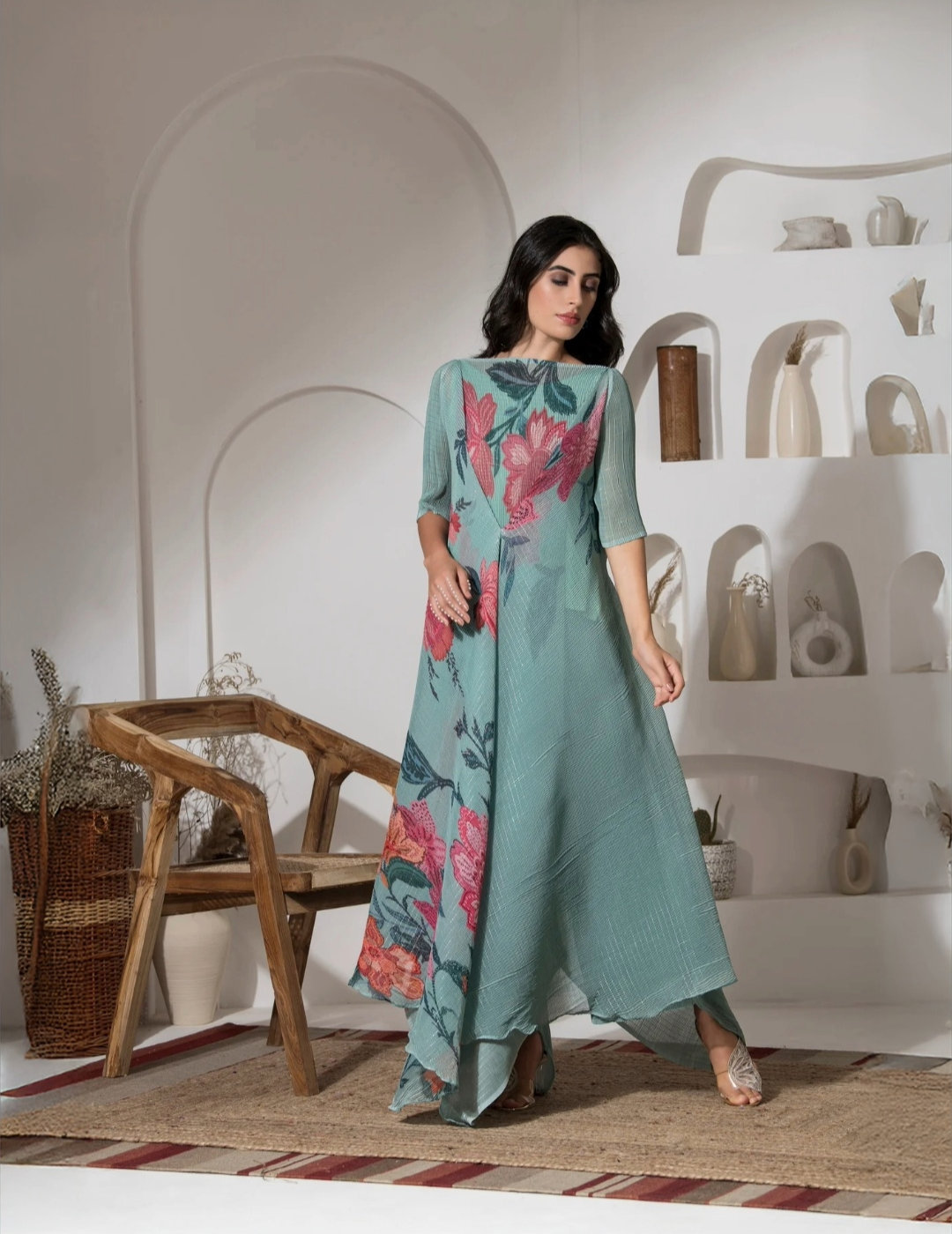 Dusty Jade Green Flower Print Plated Co-Ord Set