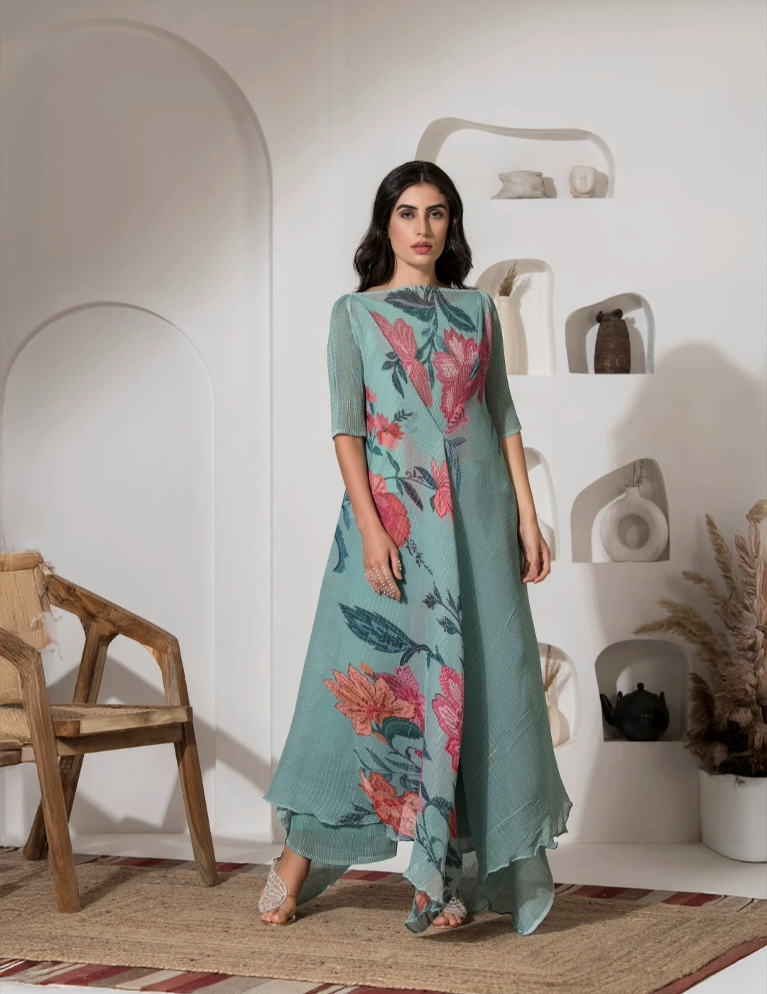 Dusty Jade Green Flower Print Plated Co-Ord Set