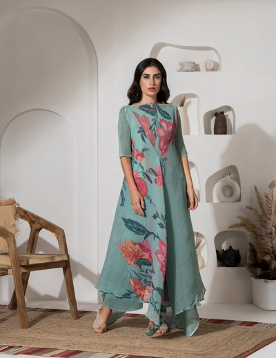 Dusty Jade Green Flower Print Plated Co-Ord Set