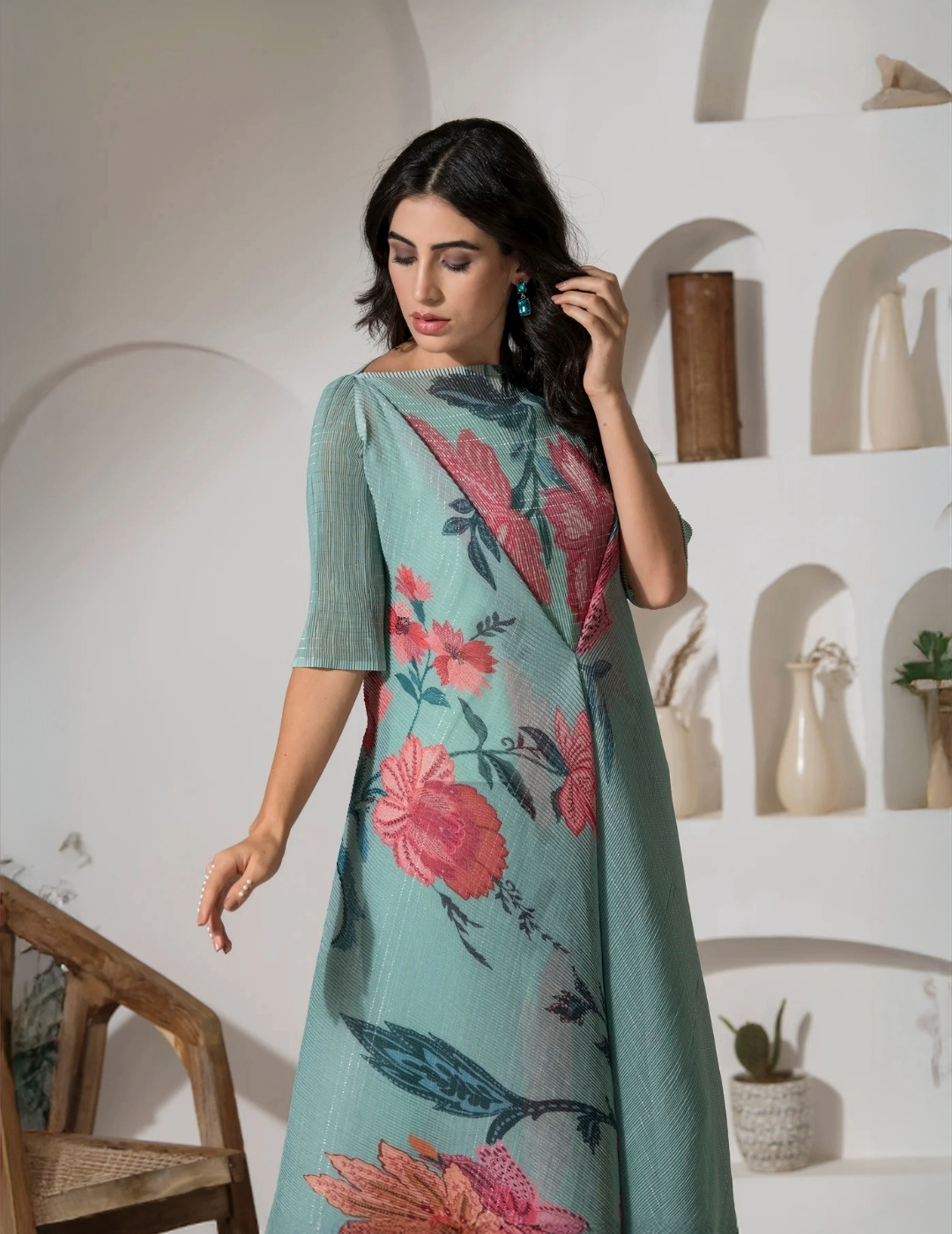 Dusty Jade Green Flower Print Plated Co-Ord Set