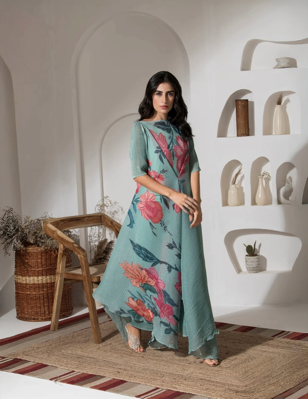 Dusty Jade Green Flower Print Plated Co-Ord Set