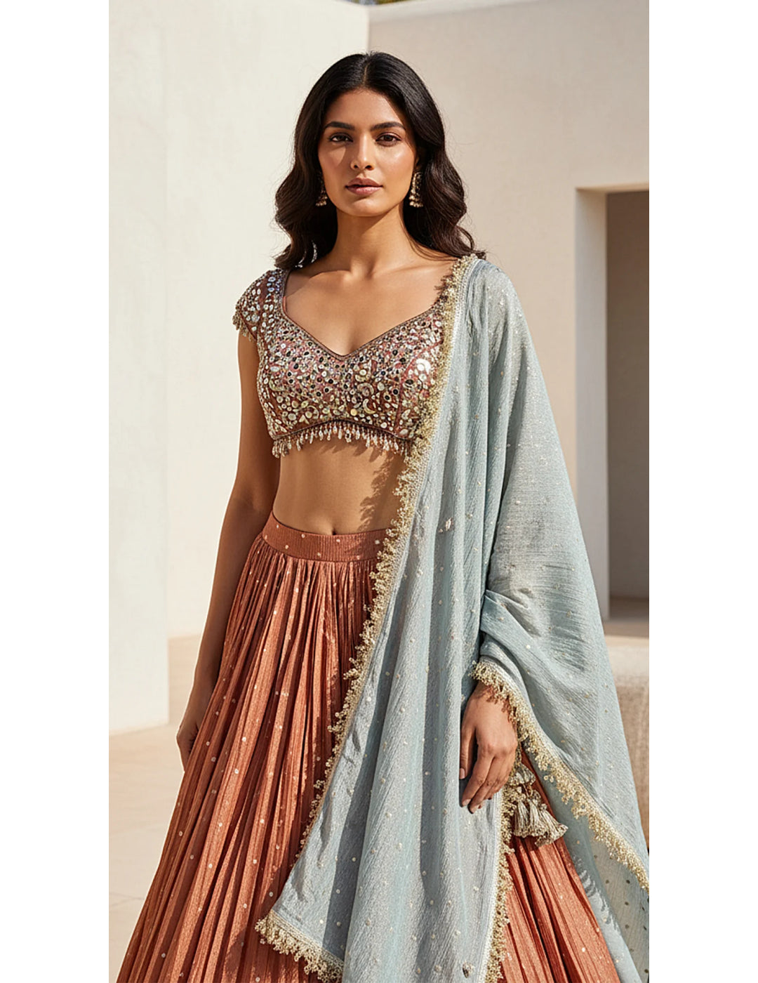 Russet Tissue Embroidered Lehenga Set