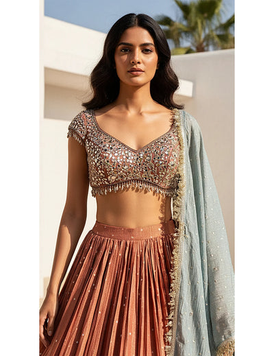 Russet Tissue Embroidered Lehenga Set