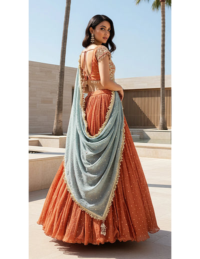 Russet Tissue Embroidered Lehenga Set