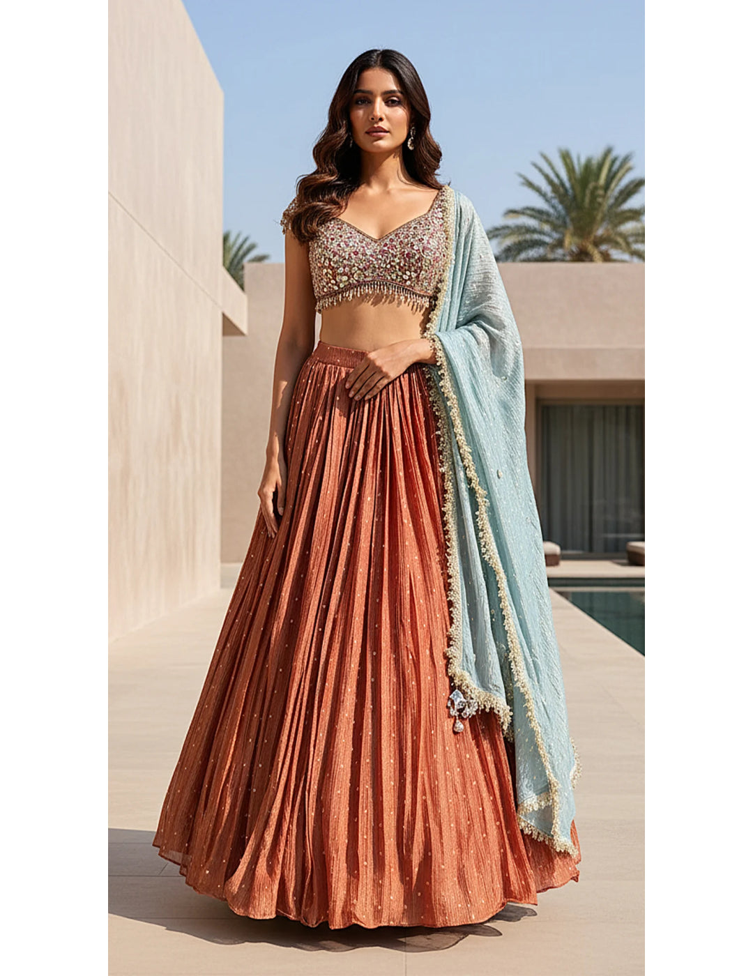Russet Tissue Embroidered Lehenga Set