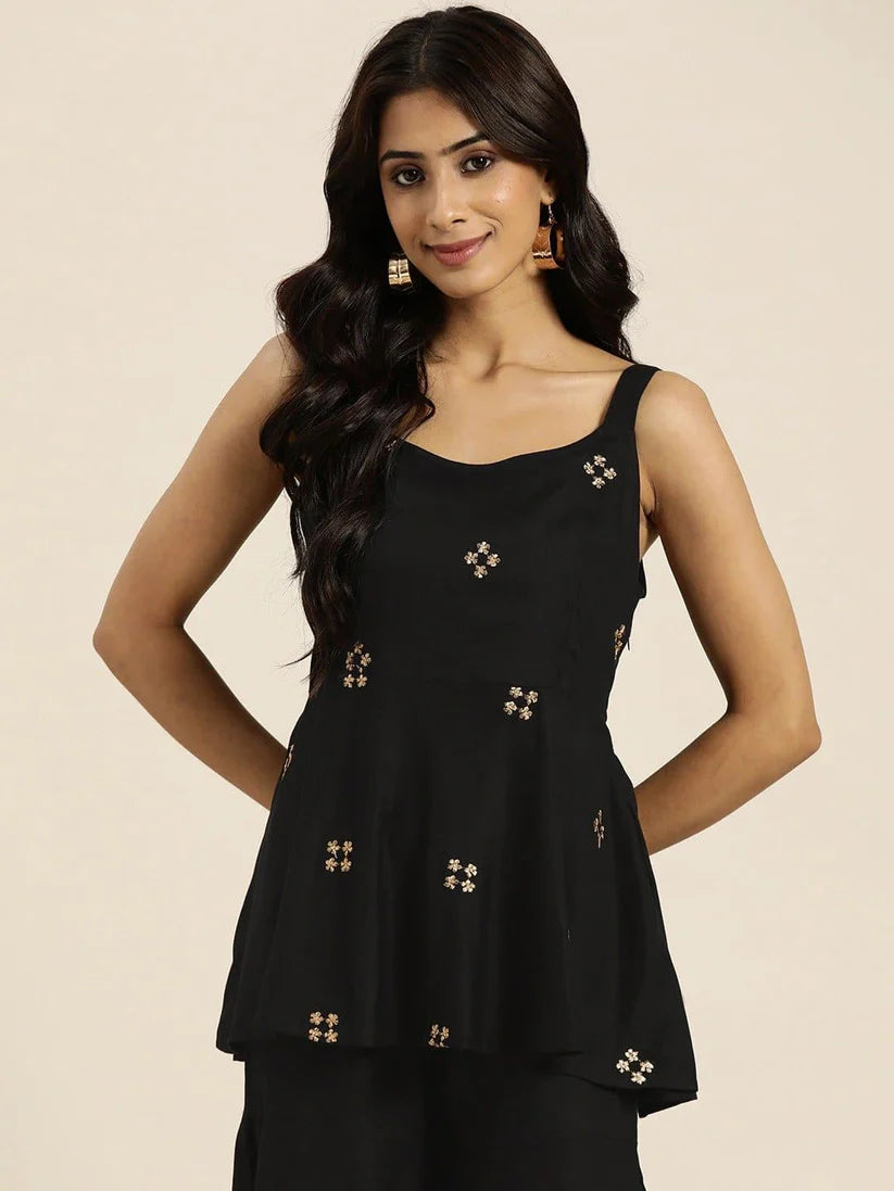Black Zari Embroidered Liva Strappy Top