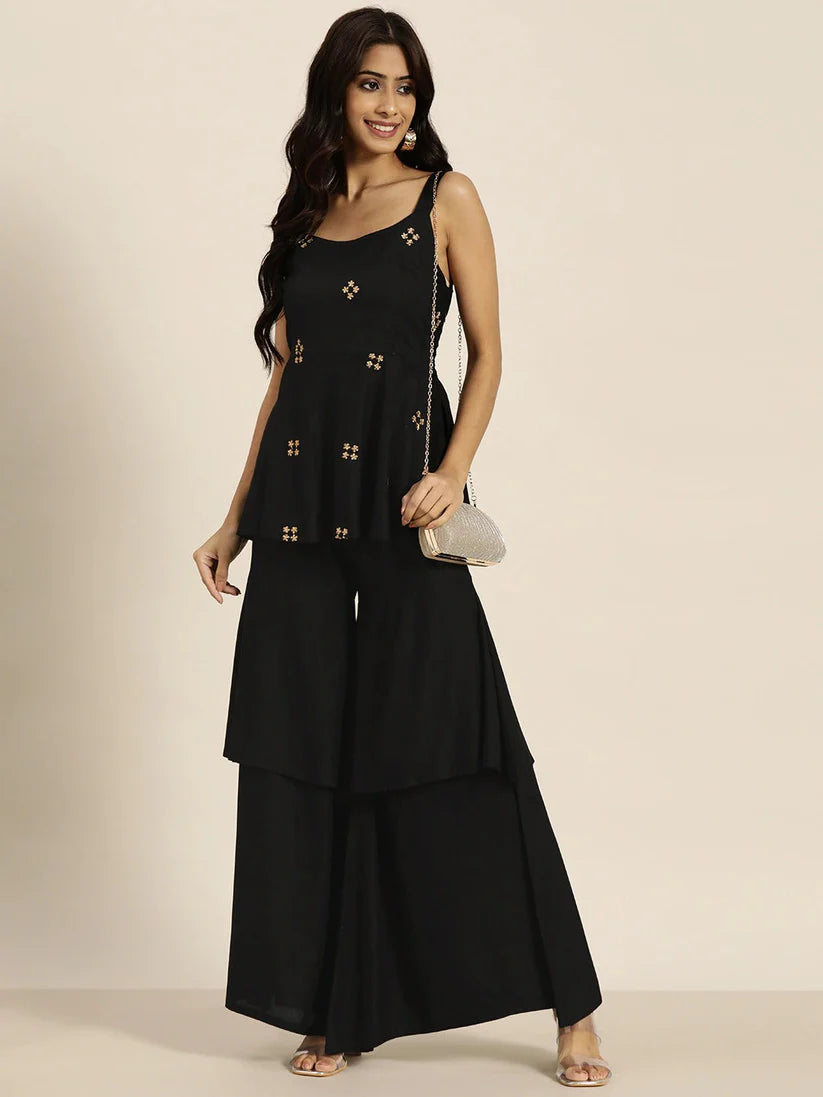 Black Zari Embroidered Liva Strappy Top