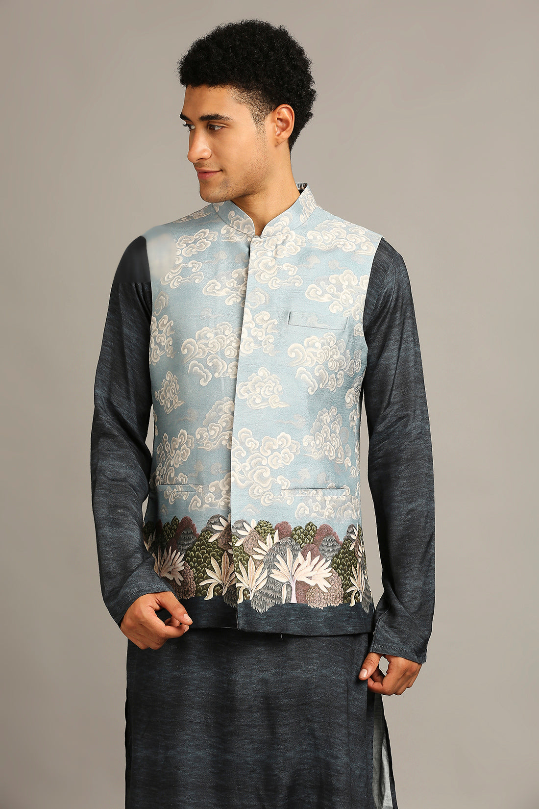 Cloud Printed Bundi With Kurta Set