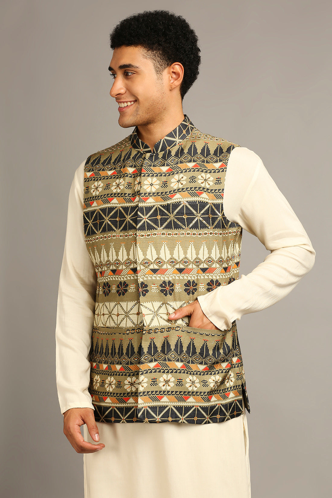 Tiraz Printed Bundi Kurta Set