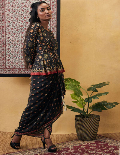 Zahra Printed Drape Dress With Peplum Top
