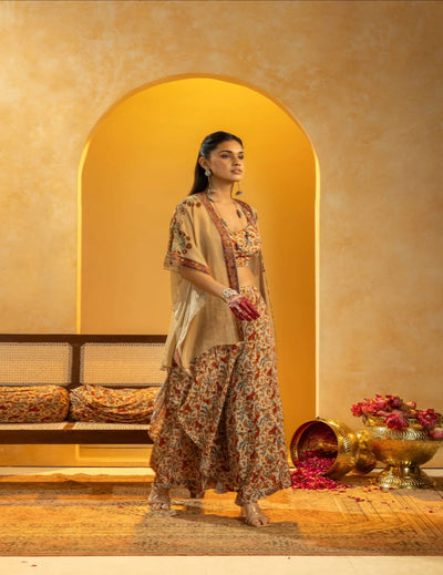 Rangtara Embellished Layered Pant Set With Cape