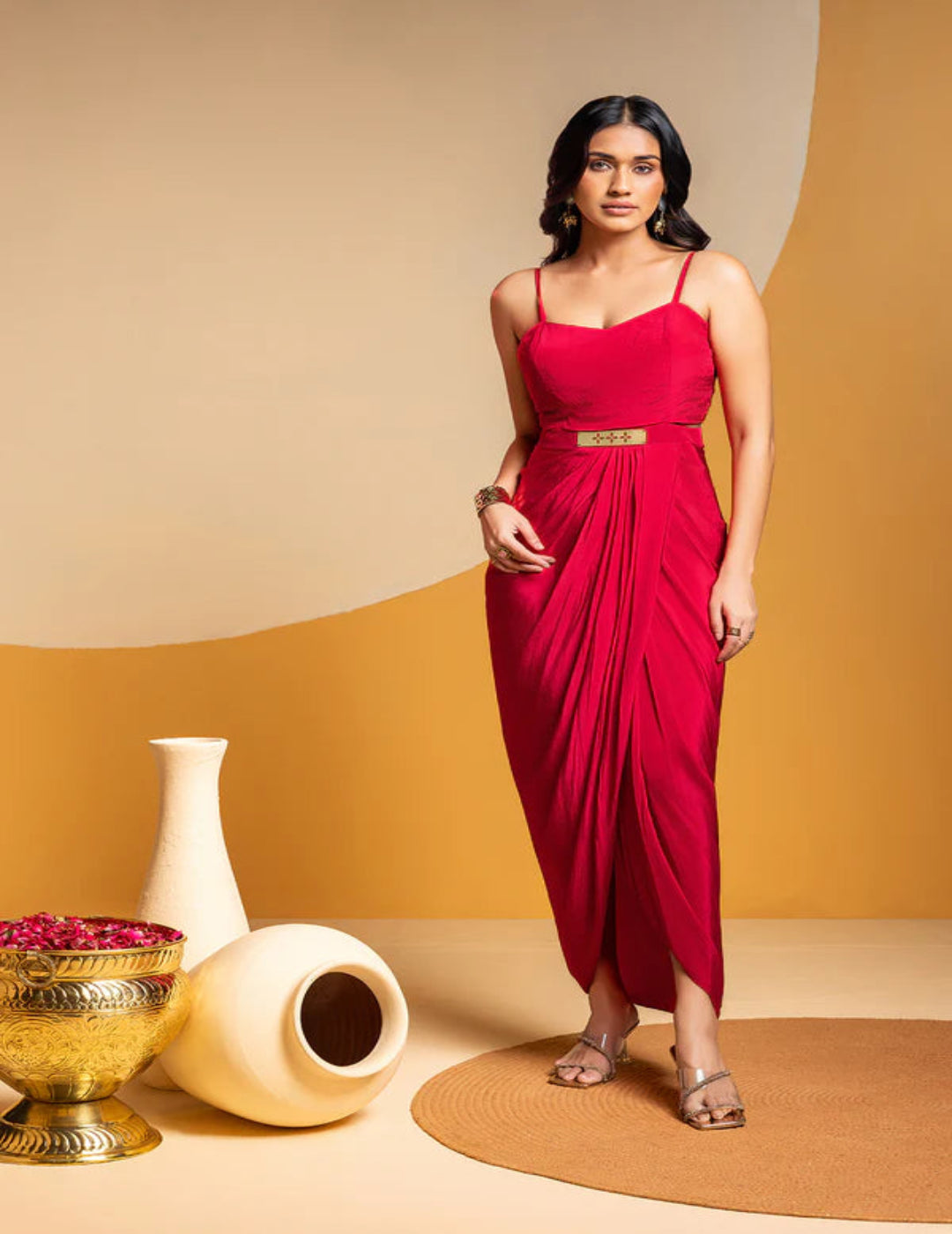 Taarani Drape Dress With Embroidered Cape