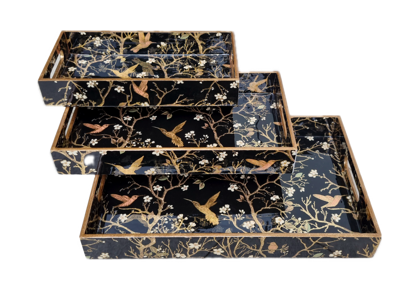 Black Singing with Hummingbirds Serving tray set (Set of 3)