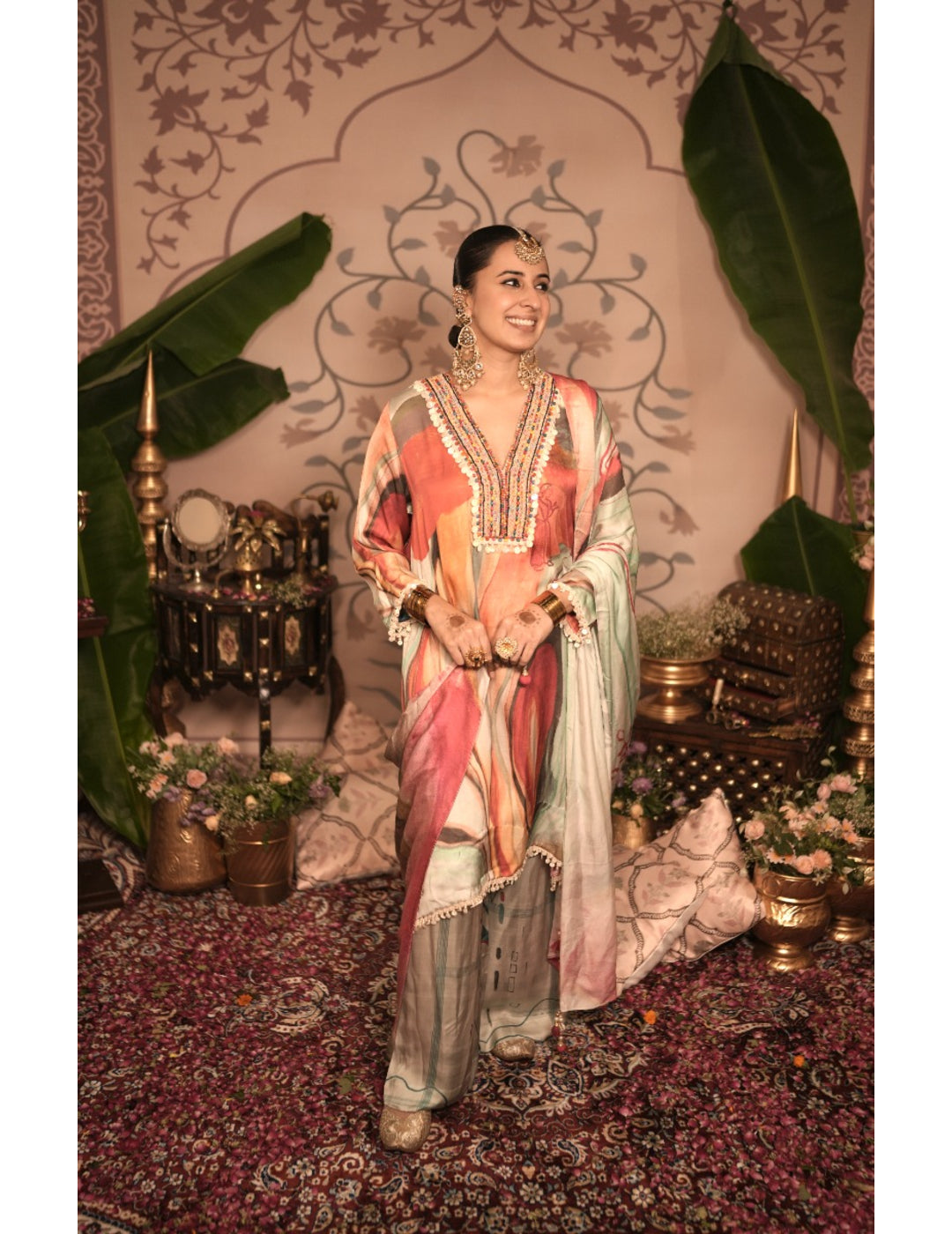 The Boozy Button Barfi Red Cotton Silk Kurta Pant Dupatta