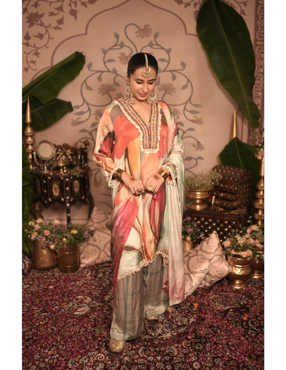 The Boozy Button Barfi Red Cotton Silk Kurta Pant Dupatta