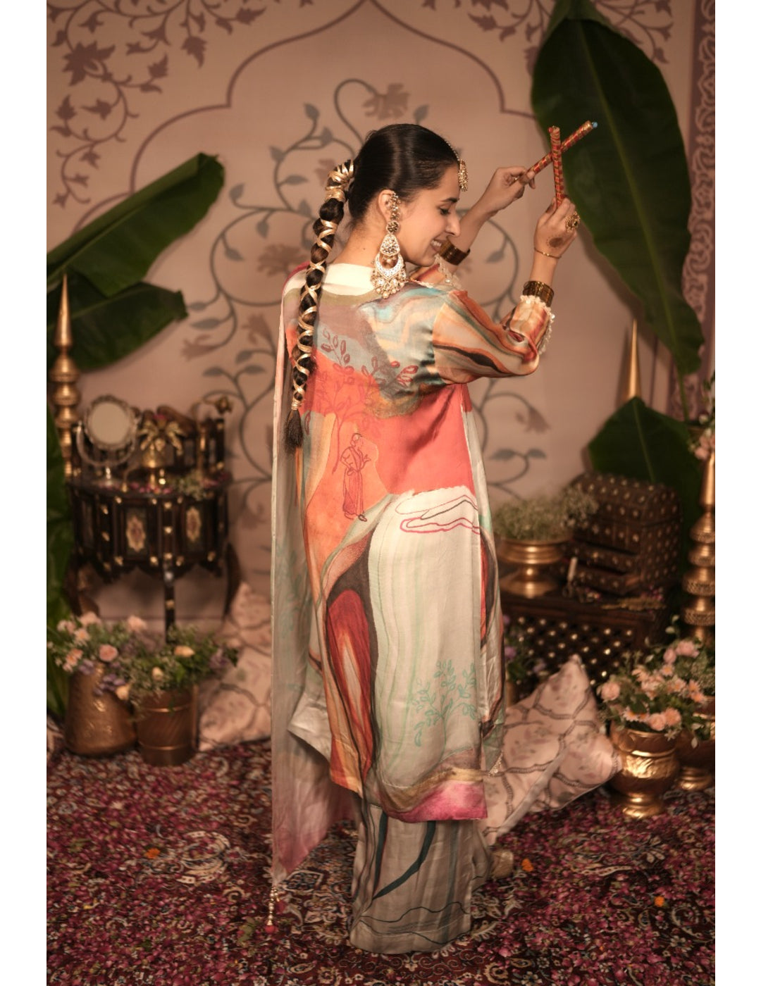 The Boozy Button Barfi Red Cotton Silk Kurta Pant Dupatta