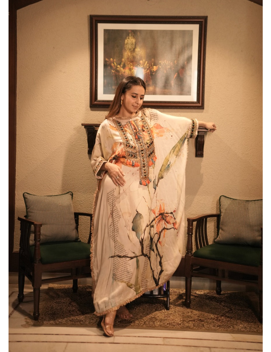 The Boozy Button Chashni White Silk Kaftan Dress