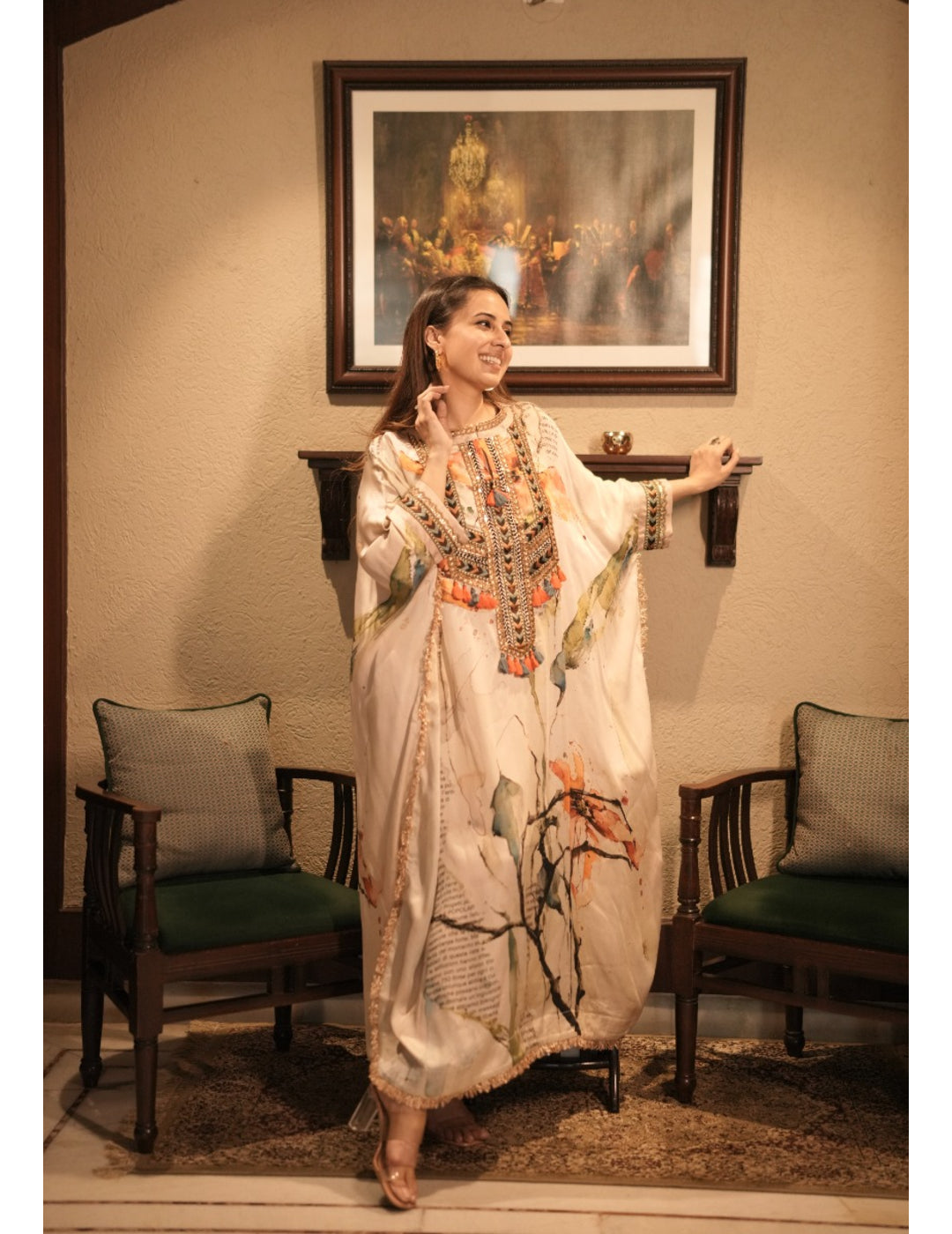 The Boozy Button Chashni White Silk Kaftan Dress