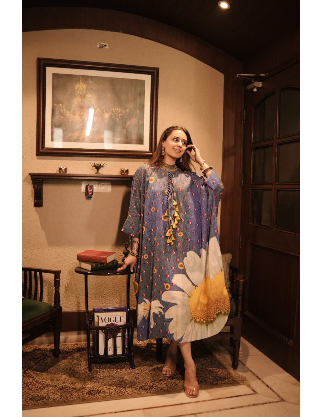 The Boozy Button Denim Blue Cotton Silk Kaftan Dress