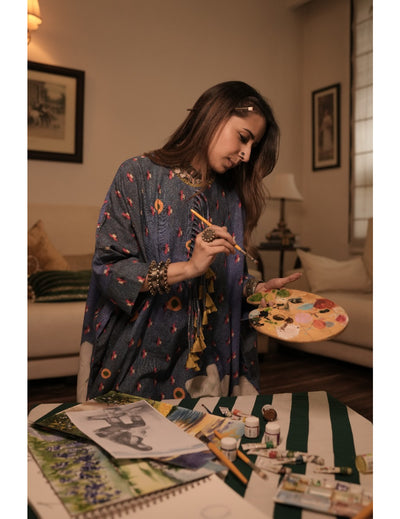 The Boozy Button Denim Blue Cotton Silk Kaftan Dress