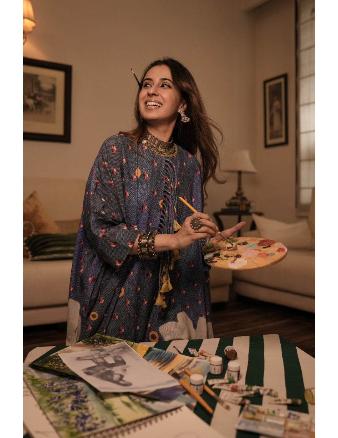 The Boozy Button Denim Blue Cotton Silk Kaftan Dress