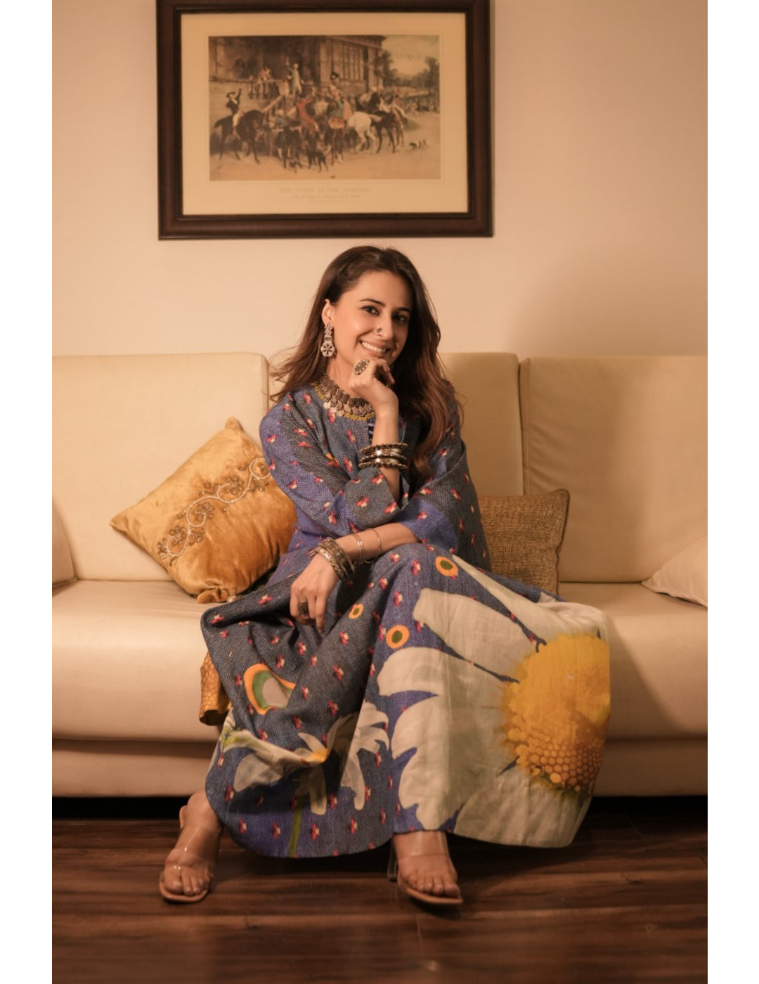 The Boozy Button Denim Blue Cotton Silk Kaftan Dress