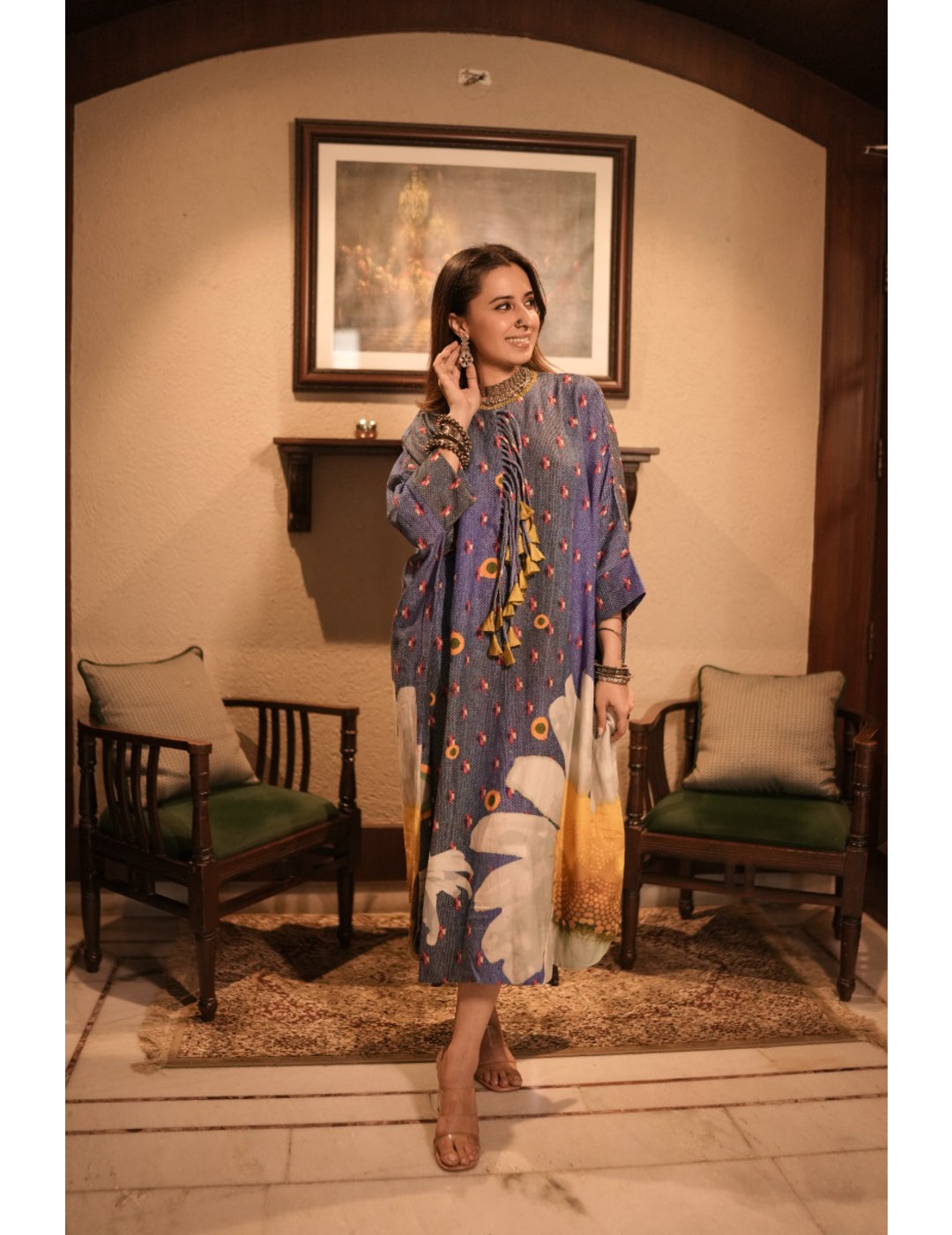 The Boozy Button Denim Blue Cotton Silk Kaftan Dress