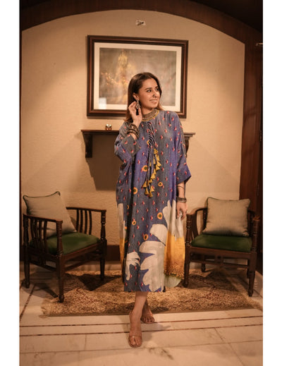 The Boozy Button Denim Blue Cotton Silk Kaftan Dress