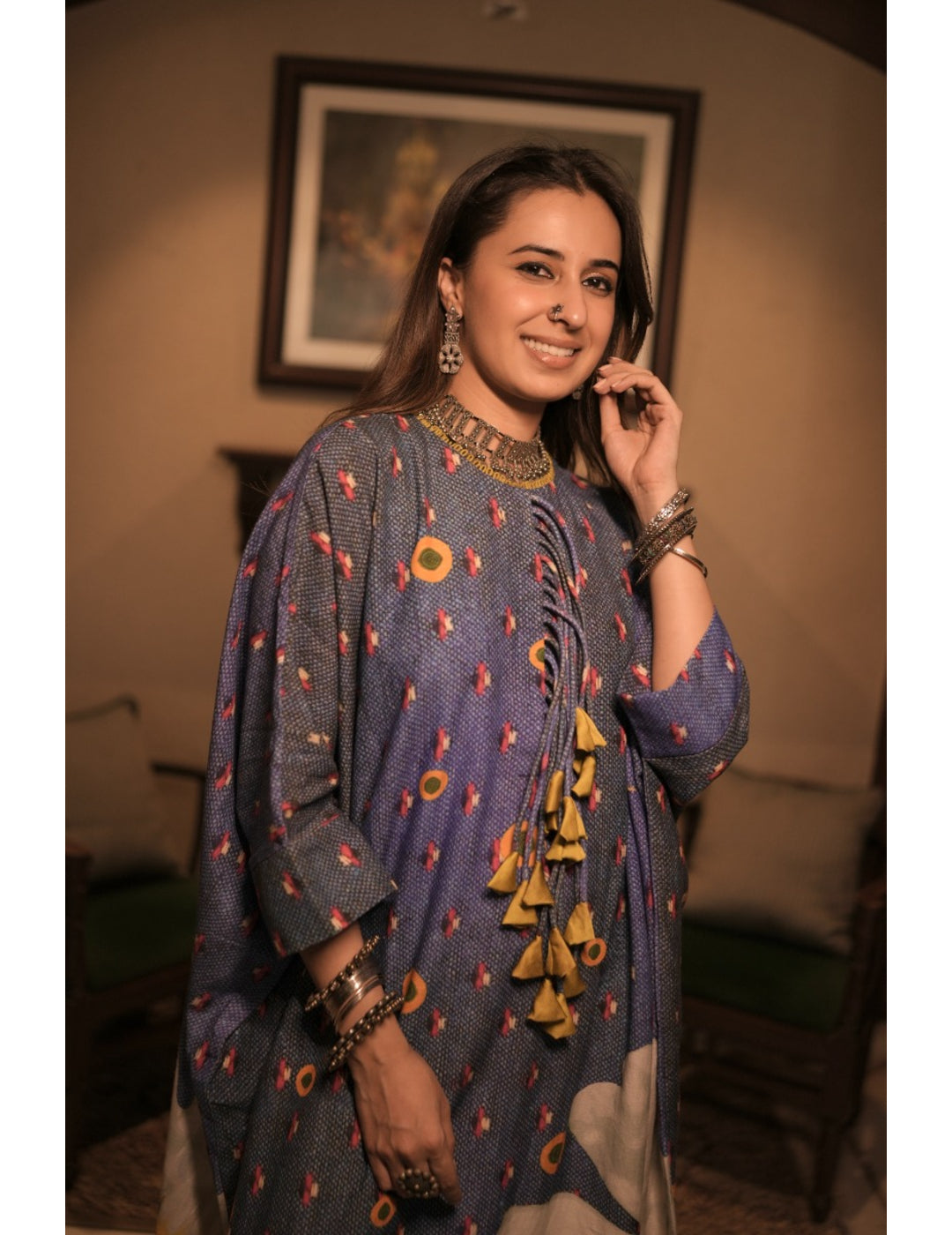 The Boozy Button Denim Blue Cotton Silk Kaftan Dress