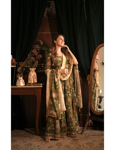 Gabri Green Cotton Silk Lehenga Blouse Dupatta