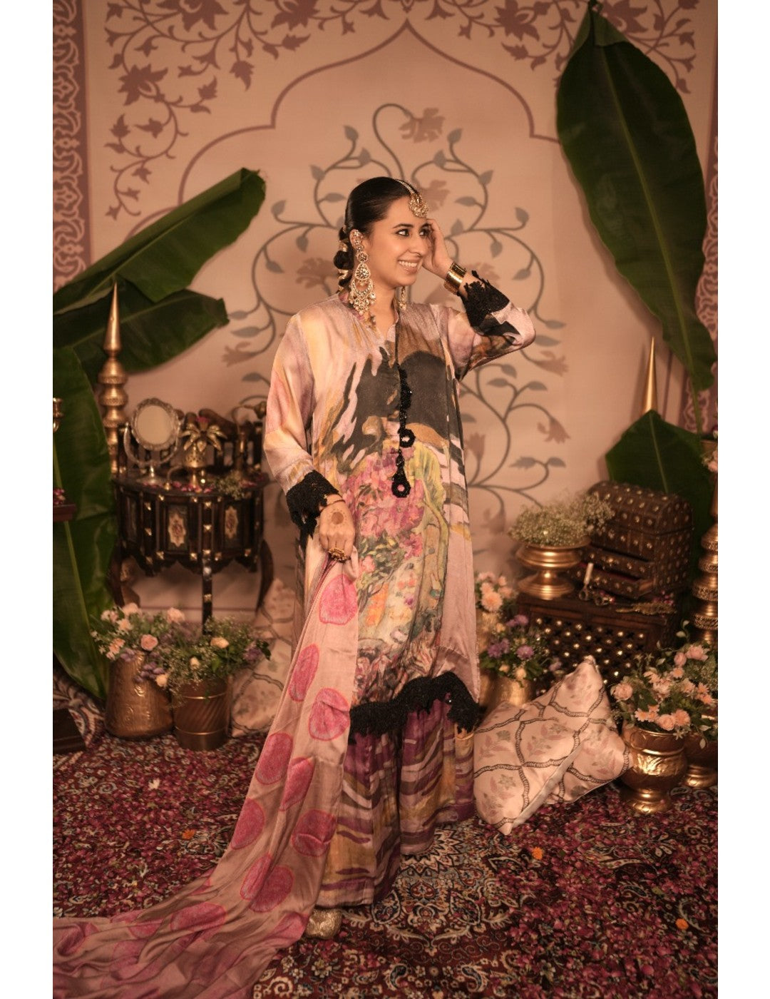 The Boozy Button Ghevar Pink Cotton Silk Kurta Pant Dupatta