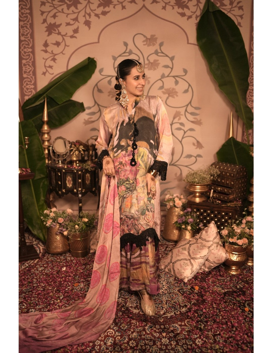 The Boozy Button Ghevar Pink Cotton Silk Kurta Pant Dupatta