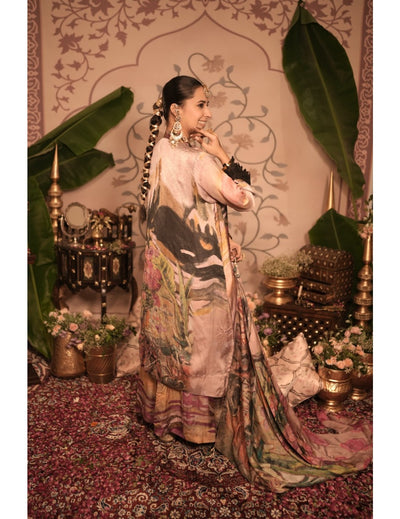 The Boozy Button Ghevar Pink Cotton Silk Kurta Pant Dupatta