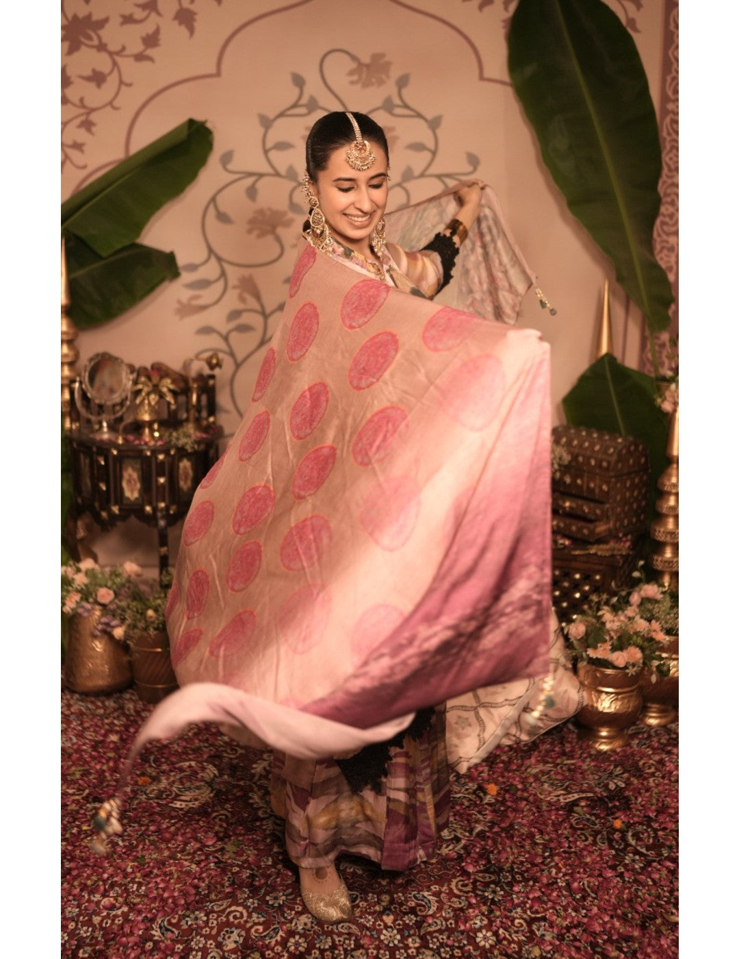 The Boozy Button Ghevar Pink Cotton Silk Kurta Pant Dupatta