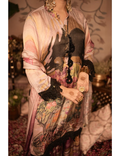 The Boozy Button Ghevar Pink Cotton Silk Kurta Pant Dupatta