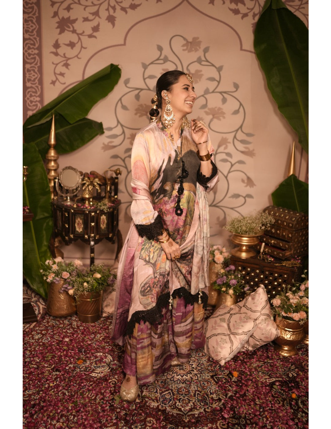 The Boozy Button Ghevar Pink Cotton Silk Kurta Pant Dupatta