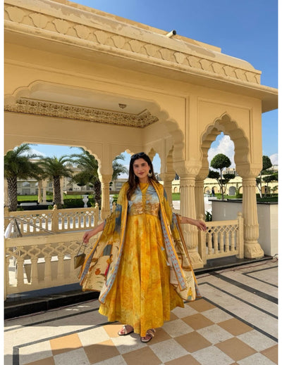 Jaipur Mustard Yellow Cotton Silk Anarkali Dupatta Set