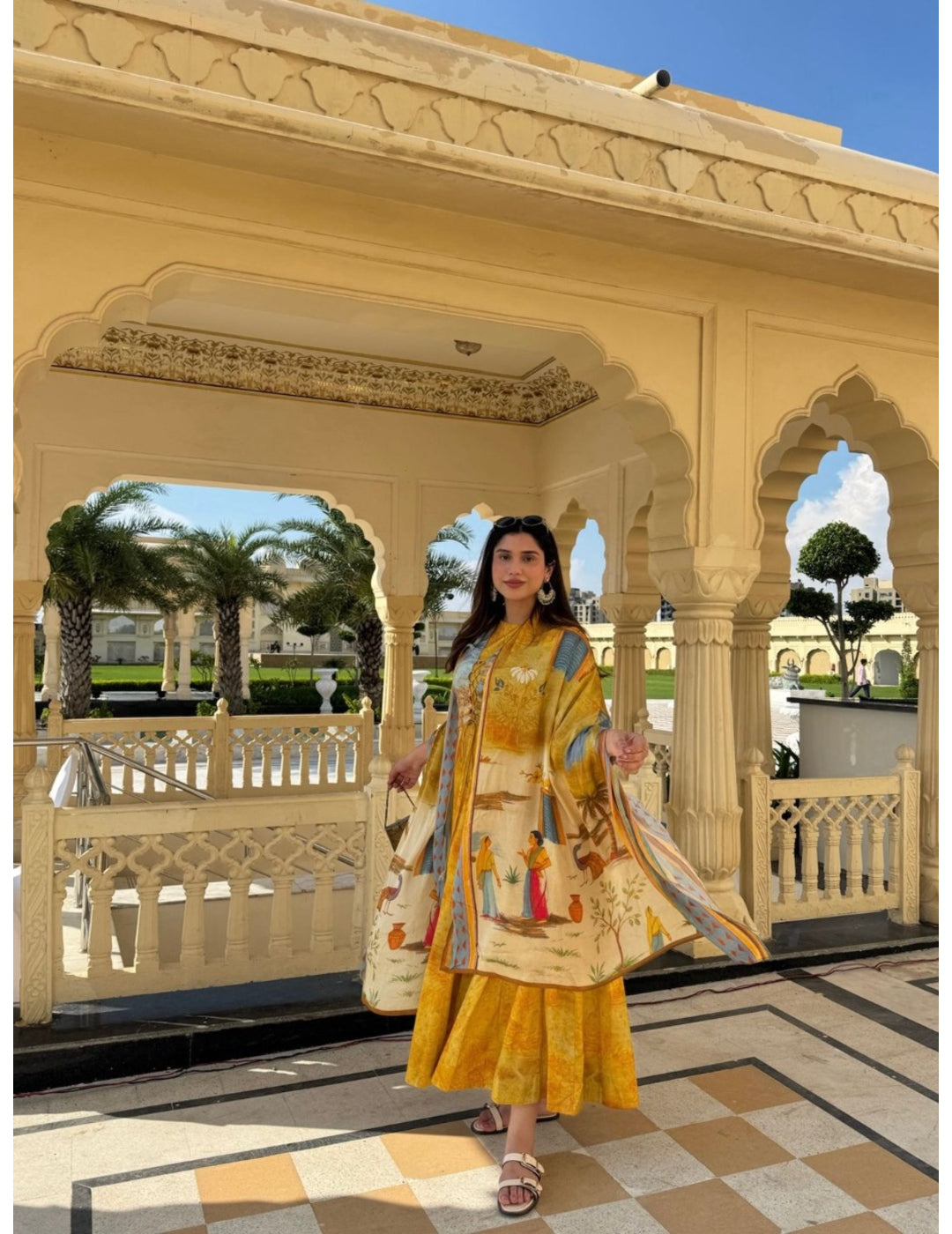 Jaipur Mustard Yellow Cotton Silk Anarkali Dupatta Set