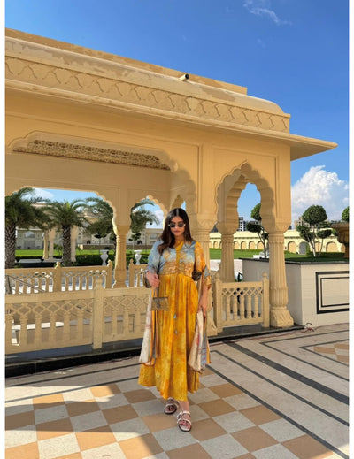 Jaipur Mustard Yellow Cotton Silk Anarkali Dupatta Set