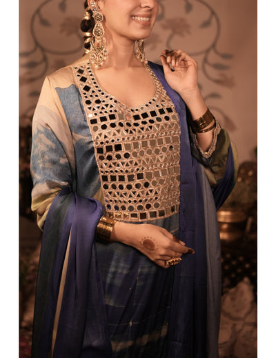 The Boozy Button Jalebi Blue Cotton Silk Kurta Pant Dupatta