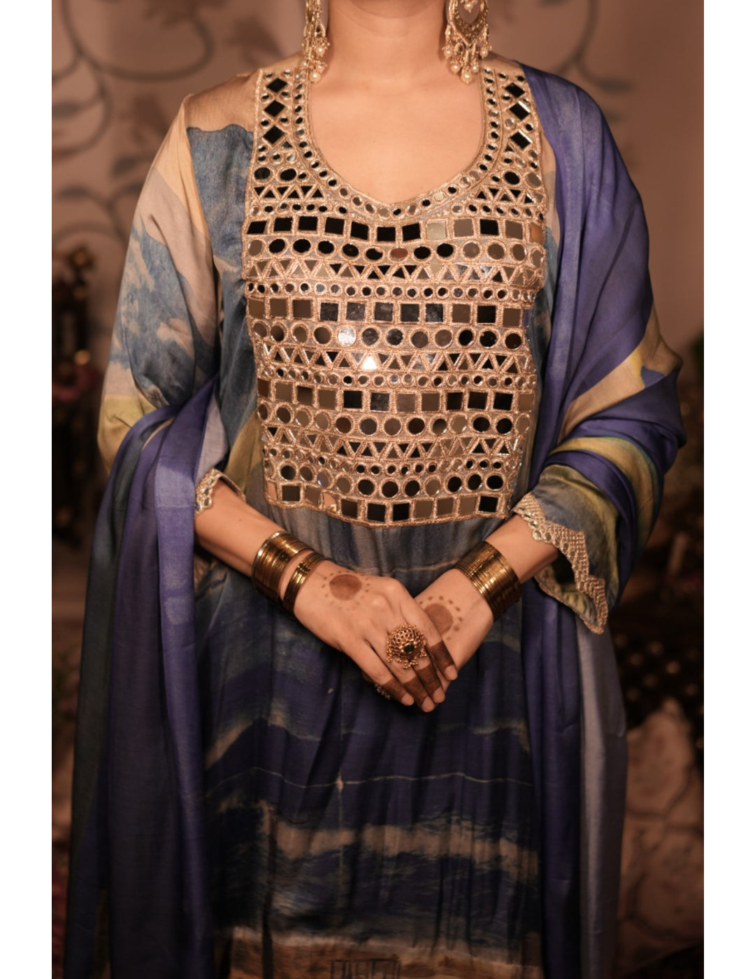 The Boozy Button Jalebi Blue Cotton Silk Kurta Pant Dupatta