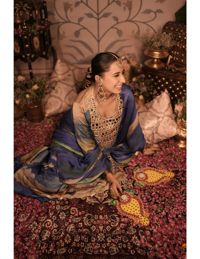 The Boozy Button Jalebi Blue Cotton Silk Kurta Pant Dupatta