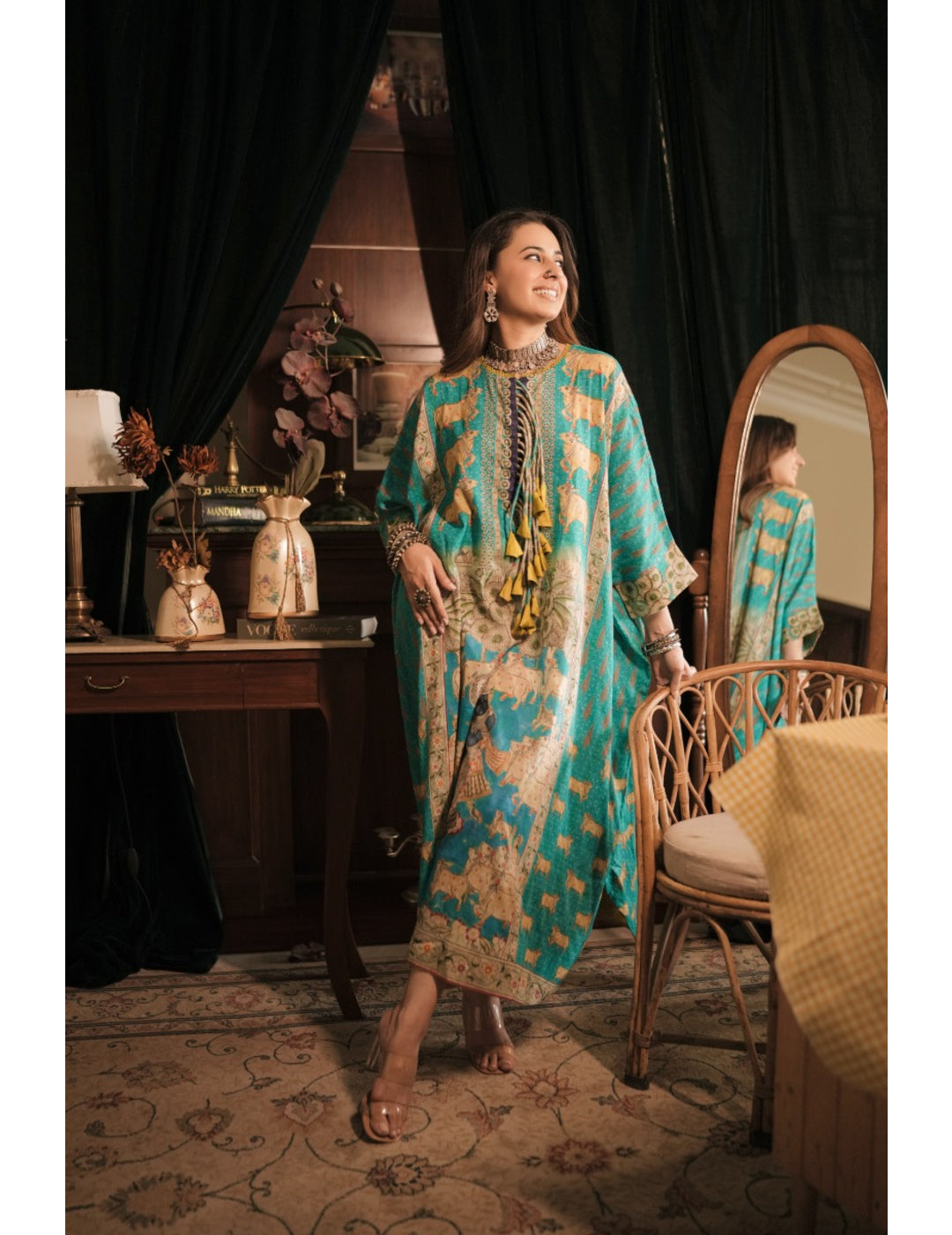 Vishnu Blue Banarasi Cotton Kaftan Kurta Dress