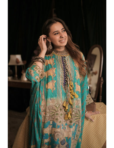 Vishnu Blue Banarasi Cotton Kaftan Kurta Dress