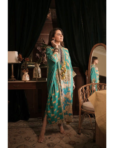 Vishnu Blue Banarasi Cotton Kaftan Kurta Dress