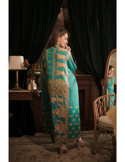 Vishnu Blue Banarasi Cotton Kaftan Kurta Dress