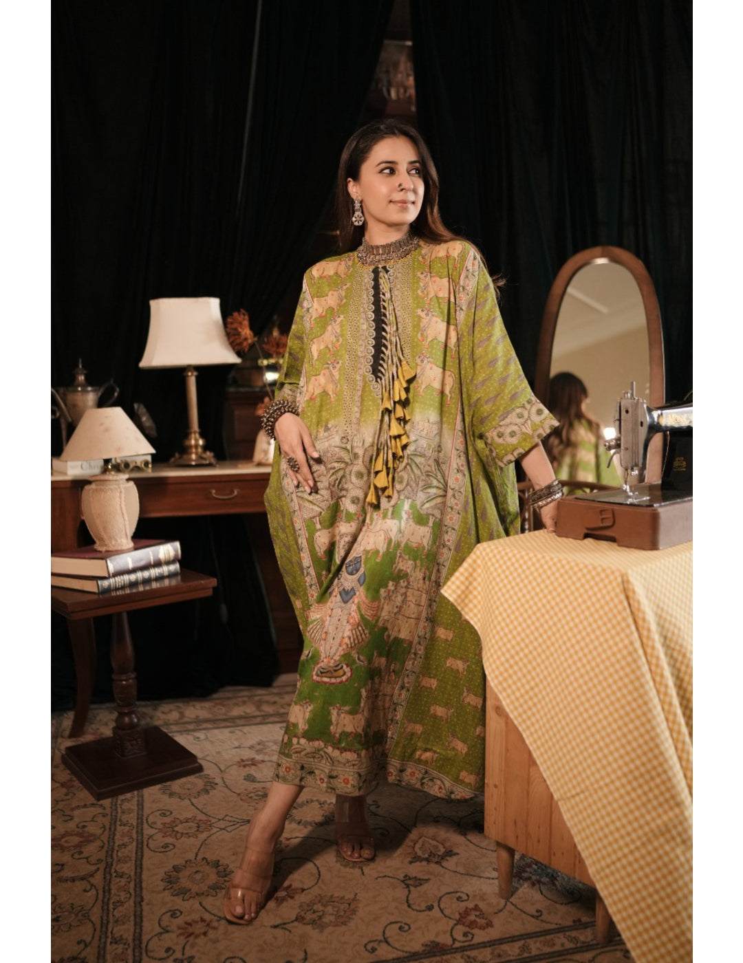 Vishnu Green Banarasi Cotton Kaftan Kurta Dress